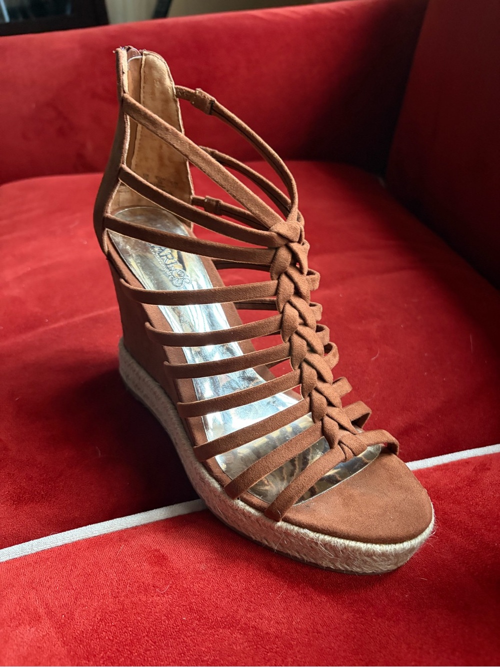 Carlos Santana Tan Braided Strappy Espadrille Wedge Sandals - Picture 6 of 6